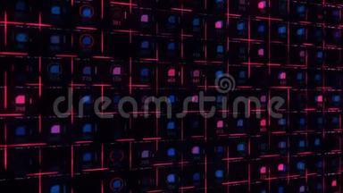 跨越蓝色和红色电路板的信号的未来主义背景。 动画。 带有照明弹的电路板